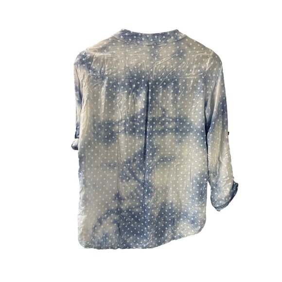 Angela Mara Polka Dot Viscose Button Front Blouse L Pocket Sequins Blue White - Picture 2 of 6